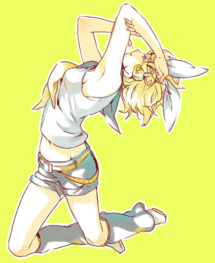 1girl, armpits, blonde_hair, female_focus, full_body, hair_ornament, hair_ribbon, hairclip, headphones, ichikoku, kagamine_rin, ribbon, short_hair, shorts, simple_background, solo, vocaloid