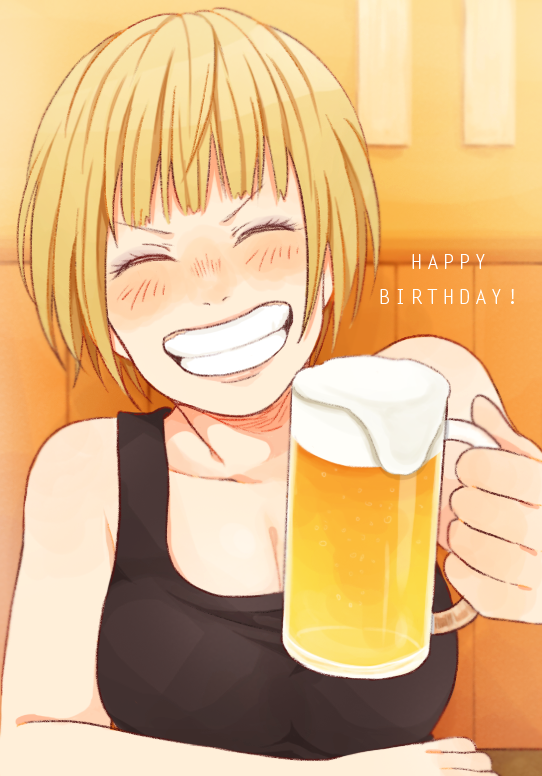 1girl, alcohol, arm_support, beer, beer_mug, black_tank_top, blonde_hair, blush, breasts, cleavage, closed_eyes, collarbone, commentary_request, cup, english_text, facing_viewer, grin, haikyuu!!, happy_birthday, holding, holding_cup, indoors, large_breasts, laugh_111, mug, short_hair, smile, solo, table, tanaka_saeko_(haikyuu!!), tank_top, teeth
