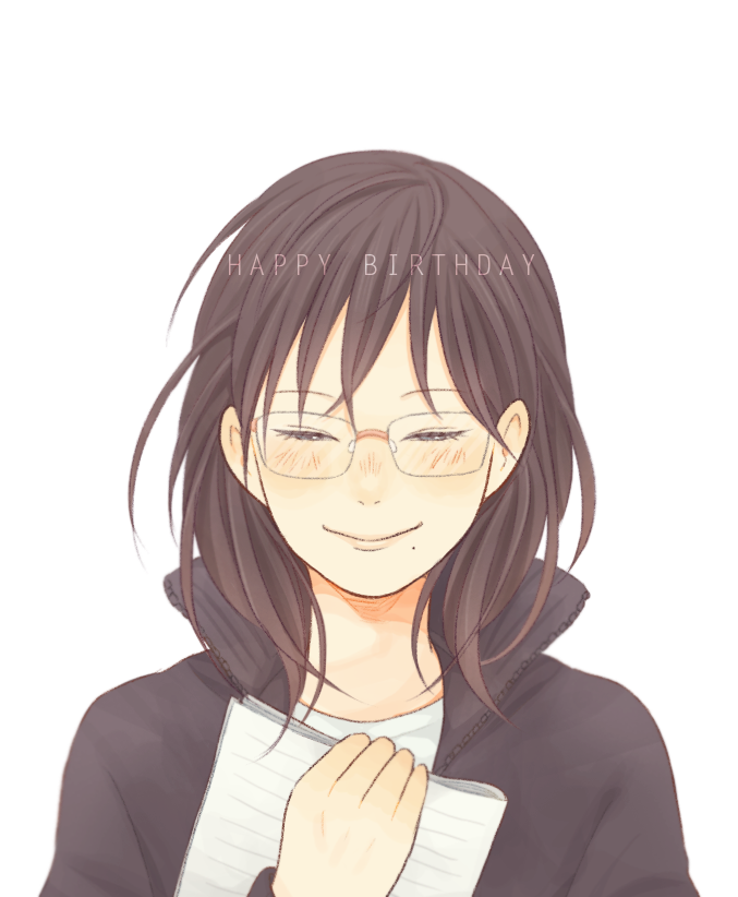 1girl, black_hair, blush, commentary_request, glasses, haikyuu!!, half-closed_eyes, happy_birthday