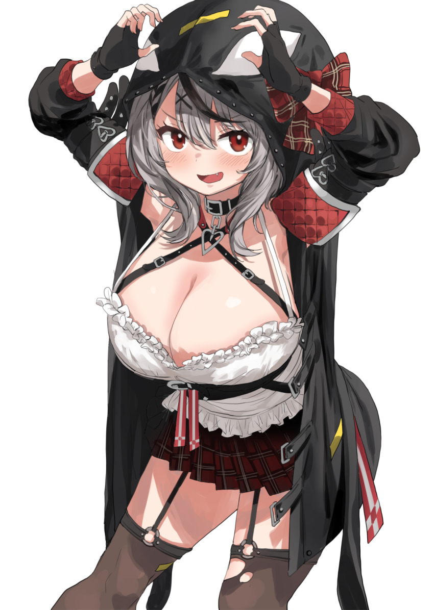 1girl, animal_hood, arms_up, black_collar, black_jacket, blush, breasts, cleavage