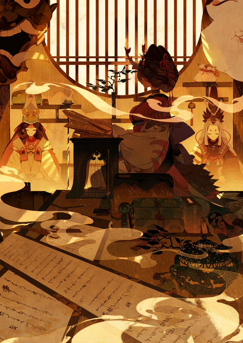 1girl, 2boys, absurdres, black_hair, book, book_stack, breasts, incense_burner, choker, enma_(onmyoji), closed_eyes, facing_away, facing_viewer, glowing, grey_hair, hat, highres, horns, incense, indoors, japanese_clothes, kimono, kurodouji, long_sleeves, multiple_boys, nihongami, official_art, onmyoji, open_book, pillow, plant, pouch, rindo_karasuba, round_window, scroll, seiza, shelf, shirodouji, sidelocks, sitting, smile, smoke, table, tatami, tate_eboshi, vase, wide_sleeves, window, yellow_theme, traditional_youkai