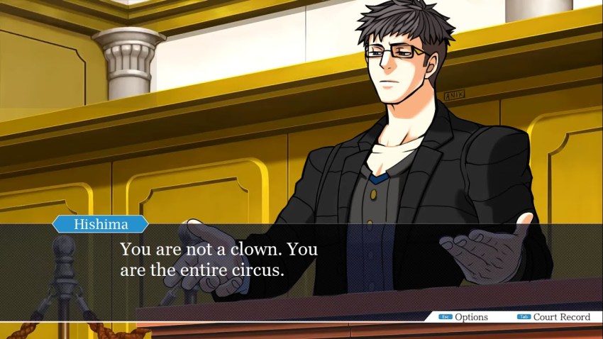 1boy, ace_attorney, black_coat, black_hair, closed_mouth, coat, courtroom, english_text, eyebrows, frown, glasses, grey_shirt, hishima_(ntwewy), male_focus, meme, parody, rectangular_eyewear, shin_subarashiki_kono_sekai, shirt, solo, solo_focus, subarashiki_kono_sekai, undercut