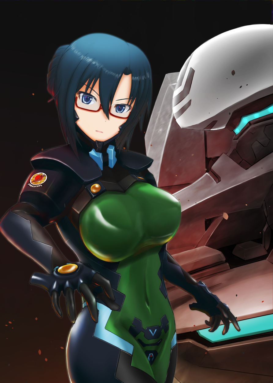 1girl, blue_hair, breasts, covered_navel, fortified_suit, glasses, hair_bun, head_tilt