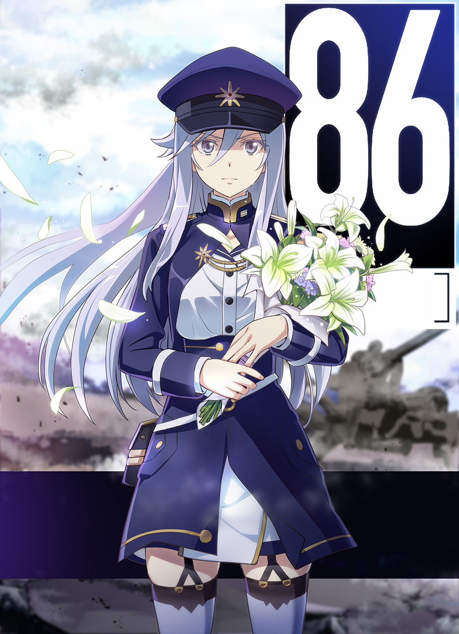 1girl, 86_-eightysix-, blue_hat, blurry, blurry_background, bouquet, breasts, closed_mouth, commentary, copyright_name, cowboy_shot, cropped_jacket, flower, full_body, garter_belt, garter_straps, grey_eyes, hair_between_eyes, hat, high-waist_skirt, high_collar, highres, holding, holding_bouquet, long_hair, long_sleeves, looking_at_viewer, m1a4_juggernaut, medium_breasts, military, military_hat, military_uniform, nyoro_(nyoronyoro000), official_style, petals, silver_hair, skirt, solo, standing, tears, thighhighs, vladilena_millize, white_thighhighs, zettai_ryouiki