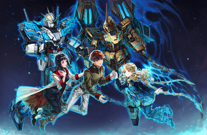 1boy, 2girls, absurdres, black_dress, black_eyes, black_footwear, black_hair, blonde_hair