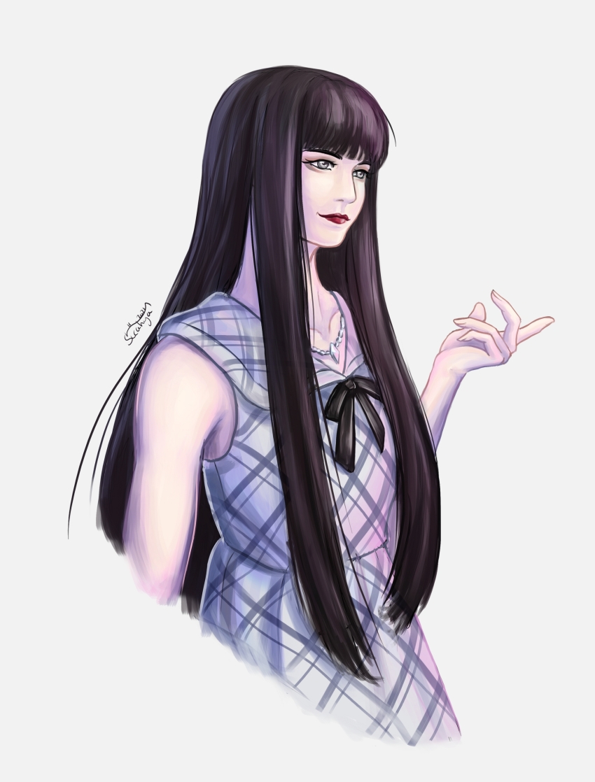 1girl, absurdres, black_hair, black_ribbon, closed_mouth, commentary, dress, english_commentary, grey_eyes, highres, jewelry, lips, lipstick, long_hair, looking_away, makeup, necklace, ribbon, sakurane_shoka, shin_subarashiki_kono_sekai, sicahyart, signature, simple_background, sleeveless, sleeveless_dress, smile, subarashiki_kono_sekai, white_background