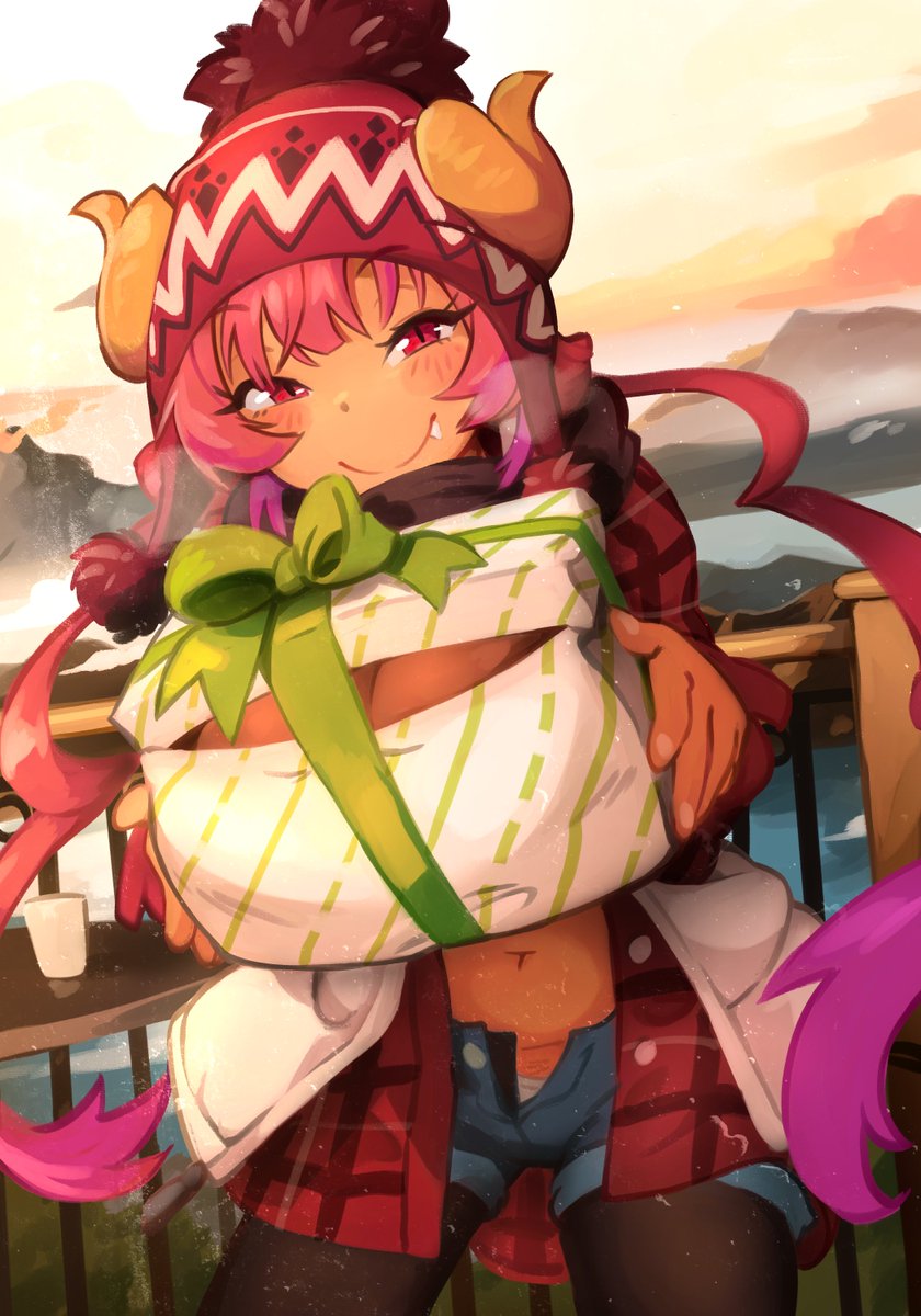 1girl, blush, pom_pom_beanie, box, breasts, commentary, cup, dragon_horns