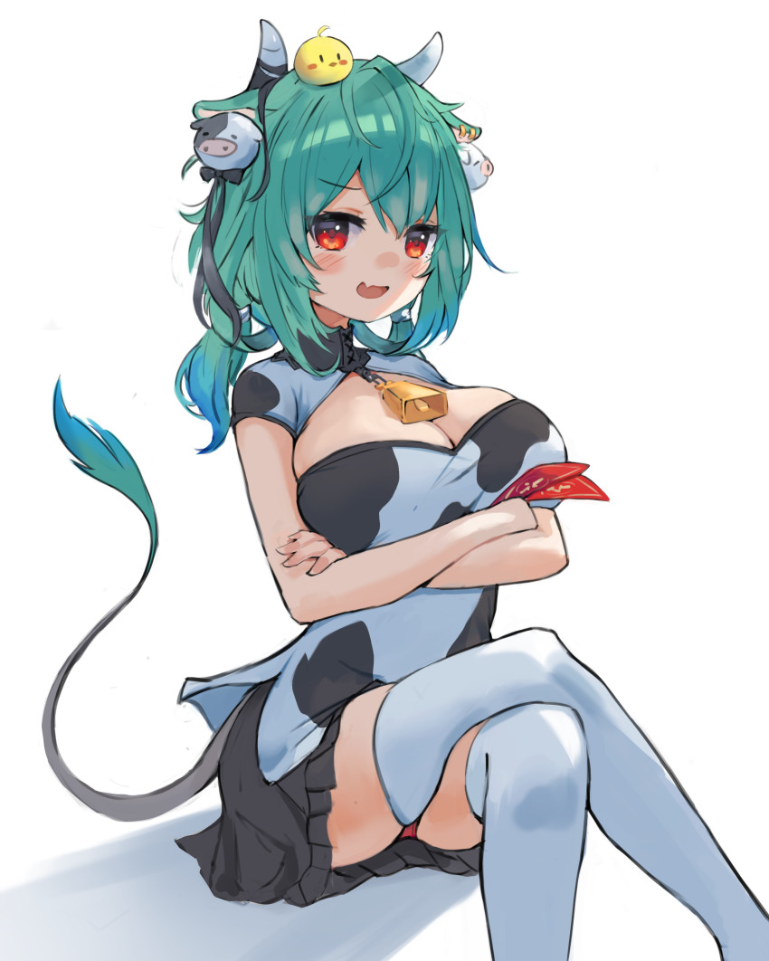 1girl, absurdres, ahoge, alternate_breast_size_(larger), animal_ears, animal_print, bell, bird, black_skirt, breasts, chinese_zodiac, cleavage, commentary_request, cow_ears, cow_hair_ornament, cow_horns, cow_print, cow_tail, cowbell, crossed_arms, crossed_legs, fang, feet_out_of_frame, frilled_skirt, frills, green_hair, hair_between_eyes, hair_ornament, hair_ribbon, happy_new_year, highres, hololive, hololive_fantasy, horns, large_breasts, looking_at_viewer, medium_hair, neck_bell, new_year, open_mouth, orobou, panties, pantyshot, pig_hair_ornament, piyoko_(uruha_rushia), red_eyes, red_panties, ribbon, shadow, shrug_(clothing), simple_background, sitting, skin_fang, skirt, solo, tail, thighhighs, underwear, uruha_rushia, virtual_youtuber, white_background, white_thighhighs, year_of_the_ox