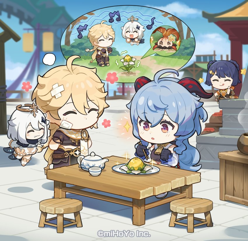 1boy, 3girls, aether_(genshin_impact), ahoge, anger_vein, bandage_on_face, bandages, bare_shoulders, black_pants, blonde_hair, blue_hair, blue_sky, braid, braided_hair_rings, chibi, chopsticks, closed_mouth, cloud, commentary, day, dot_nose, english_commentary, fingerless_gloves, food, ganyu_(genshin_impact), genshin_impact, gloves, goat_horns, hair_between_eyes, hair_ornament, hair_rings, halo, highres, holding, holding_chopsticks, horns, mechanical_halo, multiple_girls, no_mouth, official_art, outdoors, paimon_(genshin_impact), pants, short_sleeves, sitting, sky, smile, sparkle, steam, table, teapot, thumbs_up, tongue, tongue_out, white_hair, whopperflower_(genshin_impact), wooden_table, xiangling_(genshin_impact)