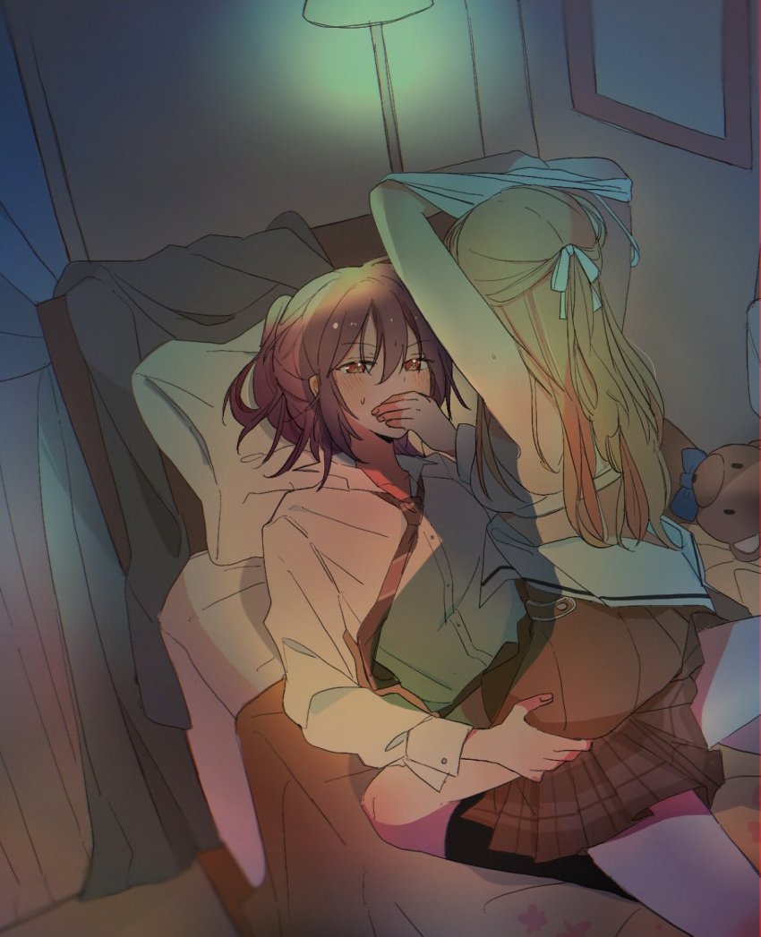 2girls, bang_dream!, bang_dream!_girls_band_party!, blonde_hair, blush, bra, commentary_request, dated_commentary