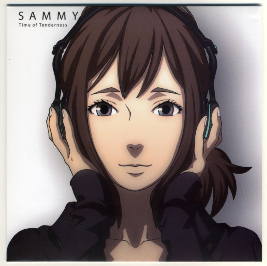 00s, 1girl, brown_hair, eve_no_jikan, female_focus, grey_eyes, headphones, highres