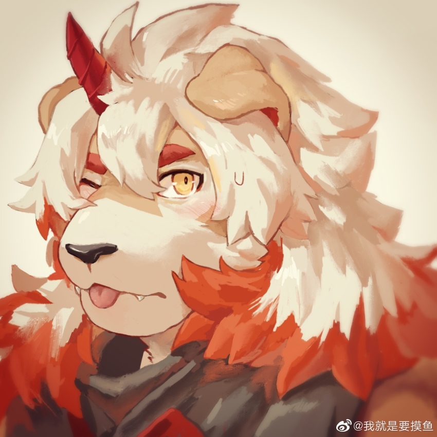 1boy, :p, animal_ears, arknights, bara, brown_fur, dog_boy, dog_ears