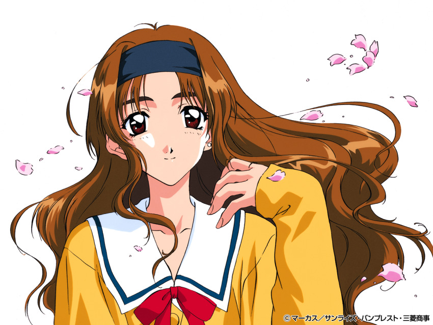 1girl, black_headband, brown_eyes, brown_hair, company_name, copyright_notice, earrings, endou_akira, hand_up, headband, jewelry, long_hair, long_sleeves, looking_at_viewer, non-web_source, official_art, petals, school_uniform, sentimental_graffiti, sentimental_journey_(anime), sleeves_past_wrists, smile, solo, upper_body, white_background