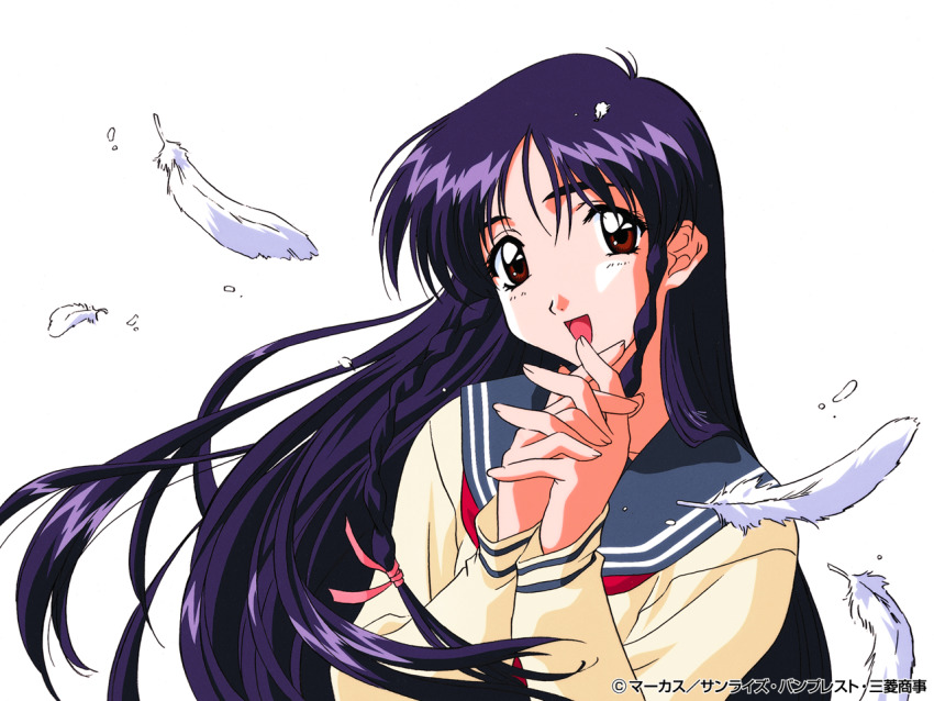 1girl, black_hair, brown_eyes, company_name, copyright_notice, feathers, head_tilt, interlocked_fingers