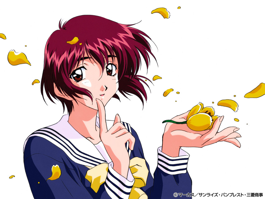 1girl, company_name, copyright_notice, flower, hair_between_eyes, hand_up, long_sleeves, looking_at_viewer, nanase_yuu, non-web_source, official_art, parted_lips, petals, pointing, pointing_up, purple_eyes, purple_hair, school_uniform, sentimental_graffiti, sentimental_journey_(anime), short_hair, solo, upper_body, white_background