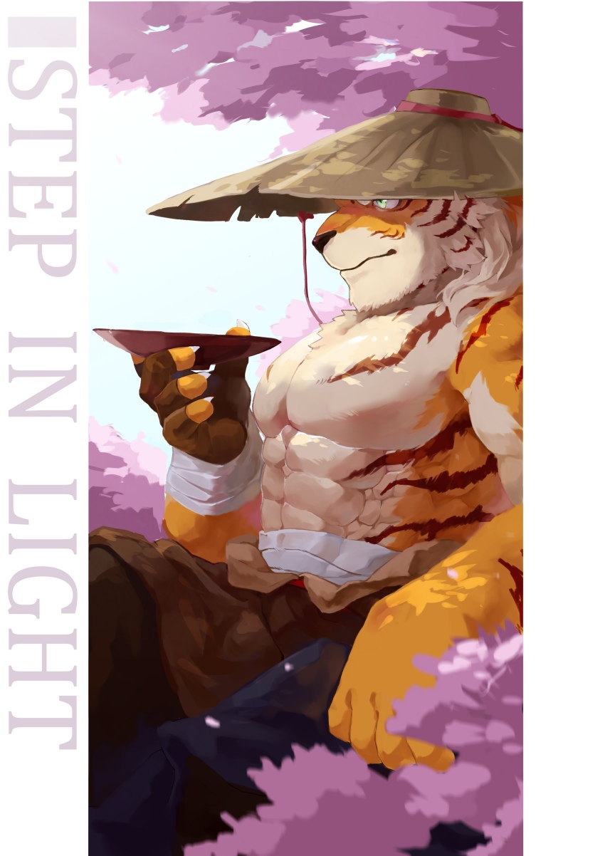 1boy, abs, absurdres, alternate_costume, animal_ears, bara, cherry_blossoms, cup