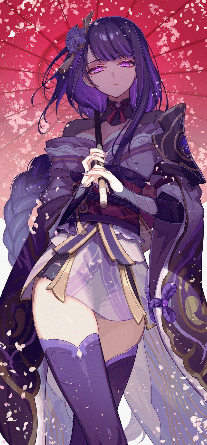 1girl, absurdres, armor, braid, breasts, bridal_gauntlets, cherry_blossoms, cleavage