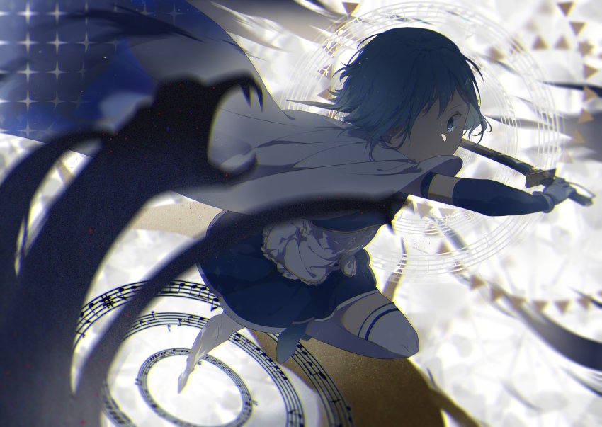 1girl, absurdres, blue_eyes, blue_hair, cape, cutlass, dark, dinned