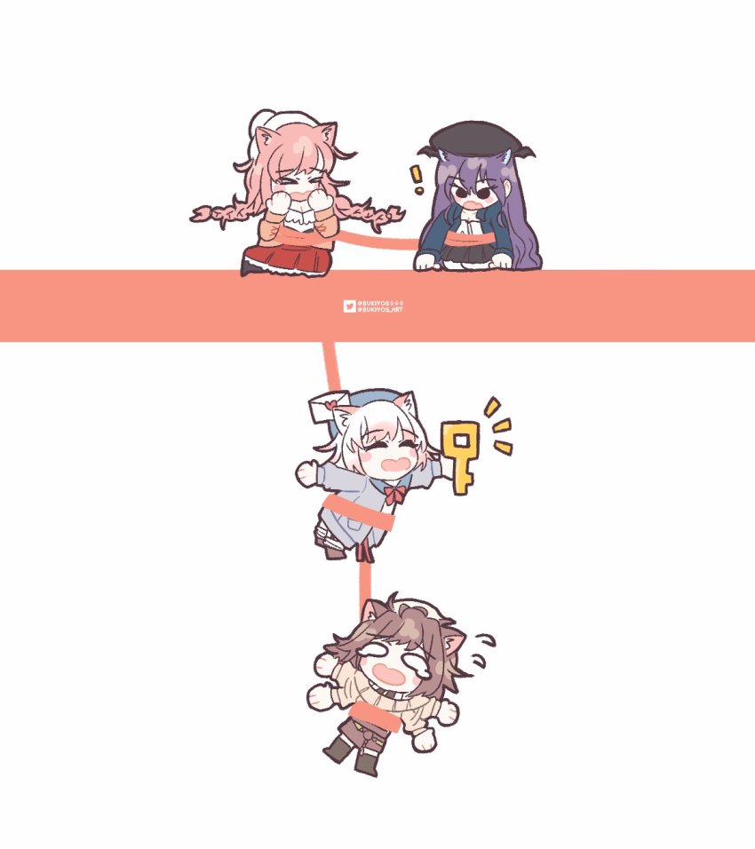 4girls, animal_ears, beret, black_skirt, blue_headwear, blue_sweater, blush, braid