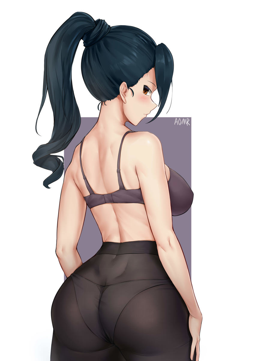 1girl, absurdres, alice_gear_aegis, aomoro, ass, back, bare_arms, blue_hair, blush, bra, breasts, brown_bra, brown_eyes, brown_pantyhose, butt_crack, closed_mouth, commentary_request, from_behind, hair_intakes, high-waist_pantyhose, highres, large_breasts, long_hair, looking_at_viewer, looking_back, panties, panties_under_pantyhose, pantyhose, ponytail, signature, simple_background, solo, standing, two-tone_background, underwear, white_panties, yamano_kaoruko