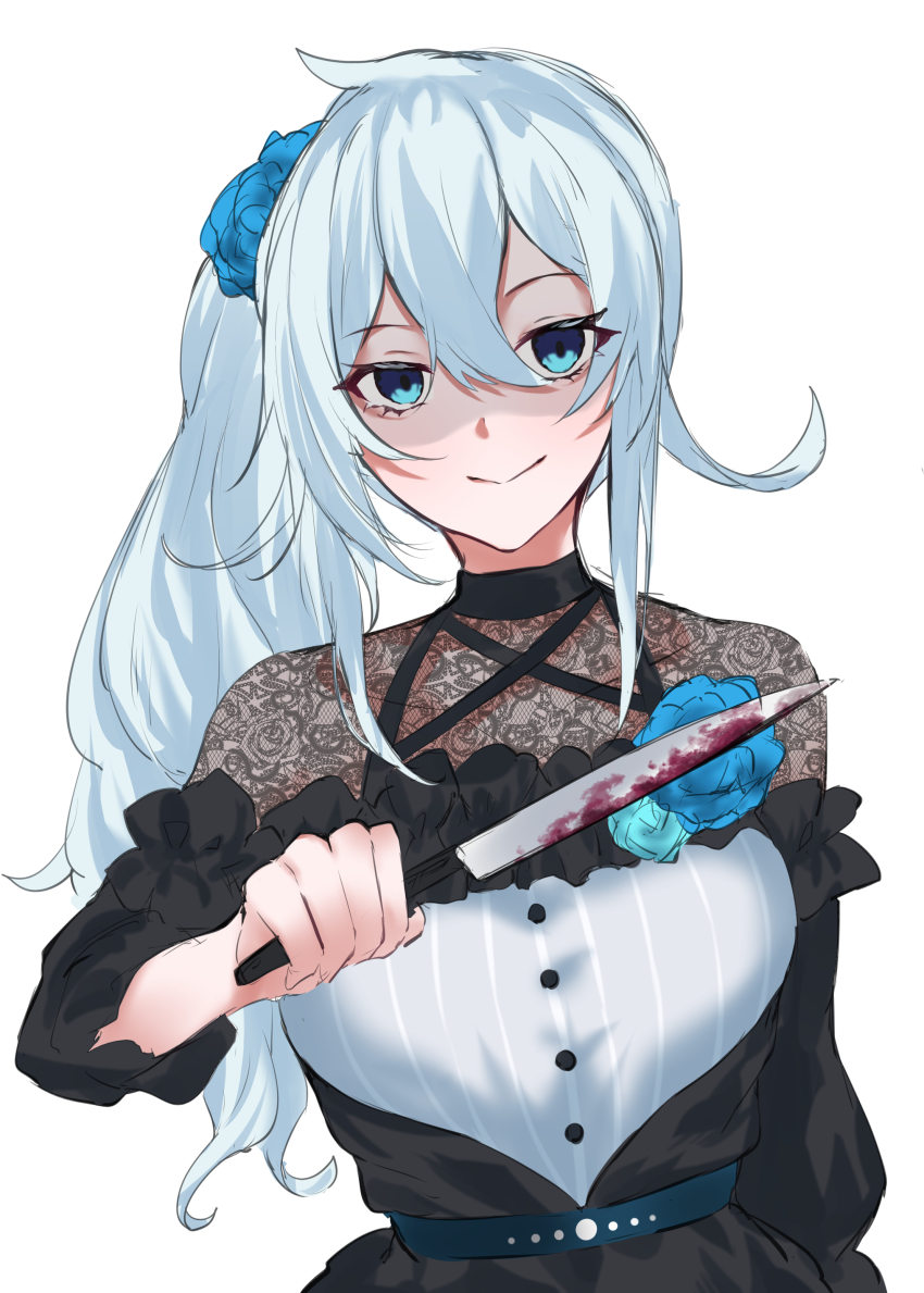 1girl, absurdres, black_dress, blood, bloody_knife, blue_eyes, blue_hair, blue_scrunchie
