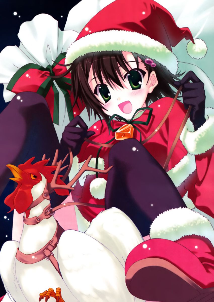 00s, 1girl, absurdres, bird, black_hair, chicken, female_focus, highres, isurugi_noe, jibeta, nanao_naru, santa_costume, solo, thighhighs, true_tears