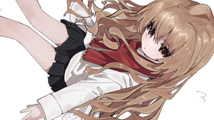 1girl, aisaka_taiga, arms_at_sides, black_skirt, brown_eyes, brown_hair, closed_mouth, coat, donut_335, dutch_angle, expressionless, from_above, highres, long_hair, long_sleeves, looking_at_viewer, red_scarf, scarf, sidelocks, simple_background, sitting, skirt, solo, toradora!, very_long_hair, white_background, white_coat