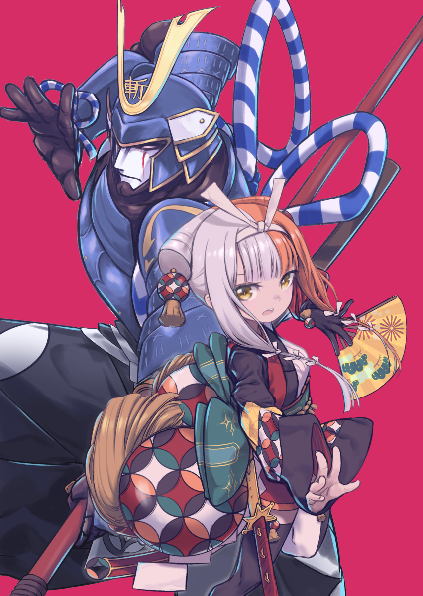 1girl, absurdres, armor, blue_armor, blunt_bangs, blush, breasts, brown_hair