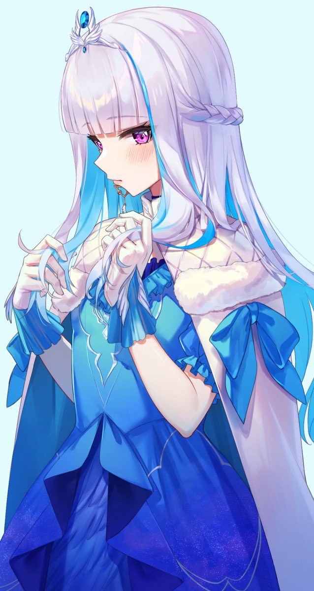 1girl, blue_dress, blue_hair, blunt_bangs, blush, braid, cape, closed_mouth