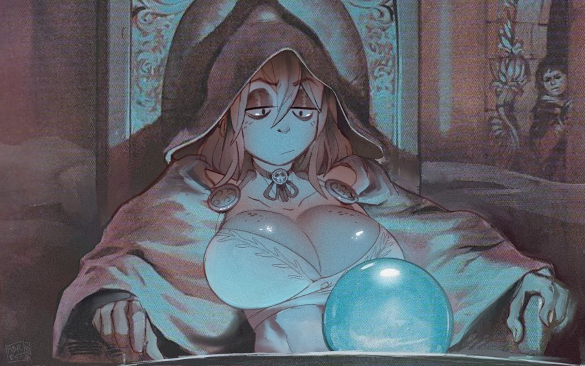 1girl, :/, breasts, choker, cleavage, closed_mouth, commentary, crystal_ball, dress, english_commentary, forest_box, freckles, highres, hood, hood_up, jitome, large_breasts, limited_palette, long_sleeves, meme, neck_ribbon, original, pondering_my_orb_(meme), ribbon, sanpaku, signature, sitting, solo, throne, tolkien's_legendarium, wide_sleeves