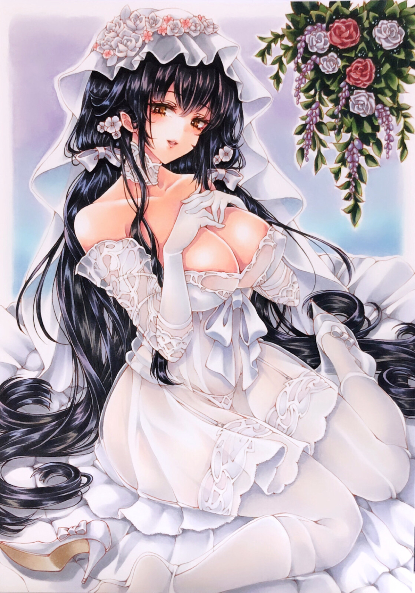 1girl, azuma_(azur_lane), azuma_(lily-white_longing)_(azur_lane), azur_lane, black_hair, breasts, bridal_veil, covered_erect_nipples