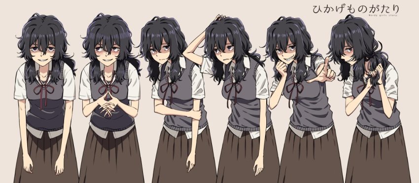 1girl, beige_background, black_hair, breasts, reference_sheet, concept_art, multiple_expressions, fingers_together