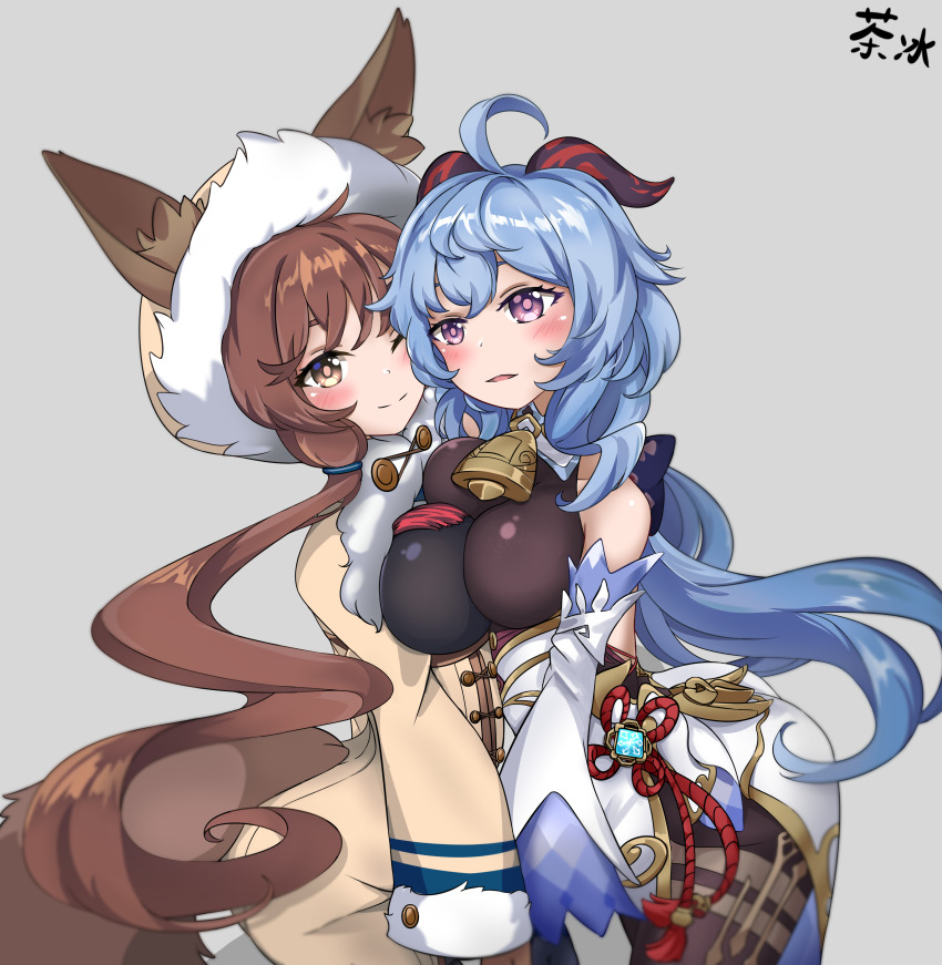 2girls, absurdres, ahoge, animal_ears, artist_name, belt, blue_hair, breasts, brown_hair, crossover, fur-trimmed_headwear, fur_trim, ganyu_(genshin_impact), genshin_impact, grey_background, guardian_tales, highres, horns, innuit_girl_coco, kiiyodex, large_breasts, looking_at_another, multiple_girls, red_horns, short_hair_with_long_locks, sleeveless, smile