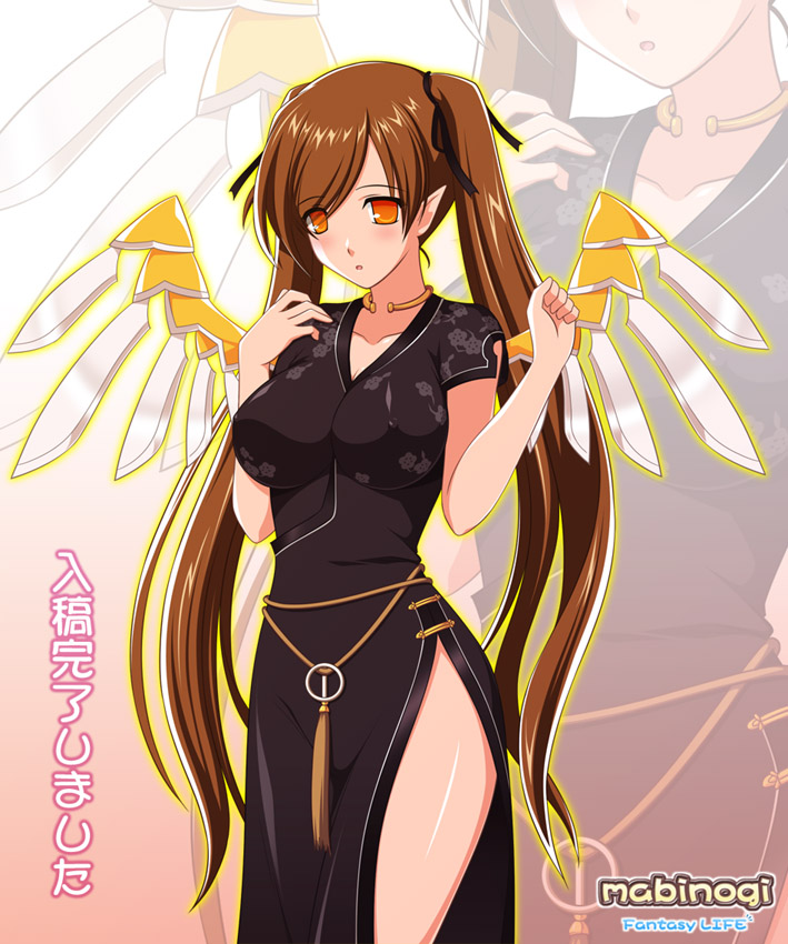 1girl, blush, breasts, brown_hair, china_dress, chinese_clothes, choker, cosplay, covered_erect_nipples, dress, elf, female_blunt_spirit, female_focus, kafu_(logaemon), large_breasts, long_hair, mabinogi, mechanical_wings, nao_(cosplay), nao_(mabinogi), nao_(mabinogi)_(cosplay), orange_eyes, pointy_ears, side_slit, solo, spirit, thighs, twintails, very_long_hair, wings, zoom_layer