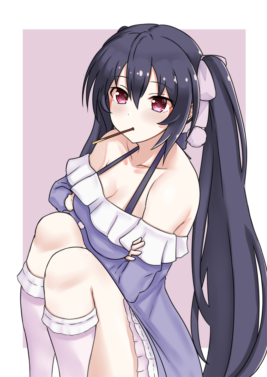 alternate_costume, bare_shoulders, black_hair, breasts, cleavage, food, hair_between_eyes, highres