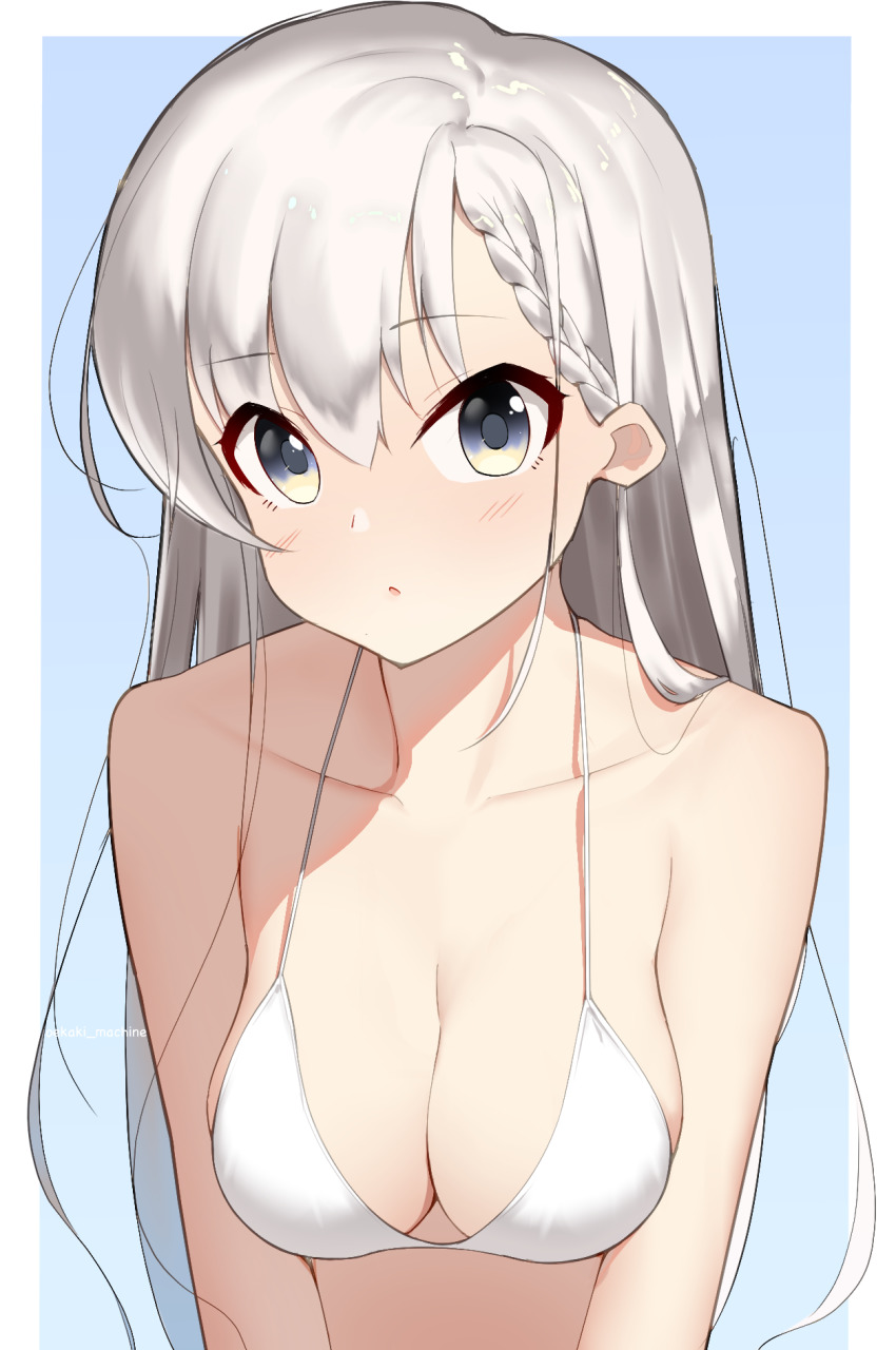 1girl, :o, asymmetrical_bangs, bikini, blue_background, blush, border, braid