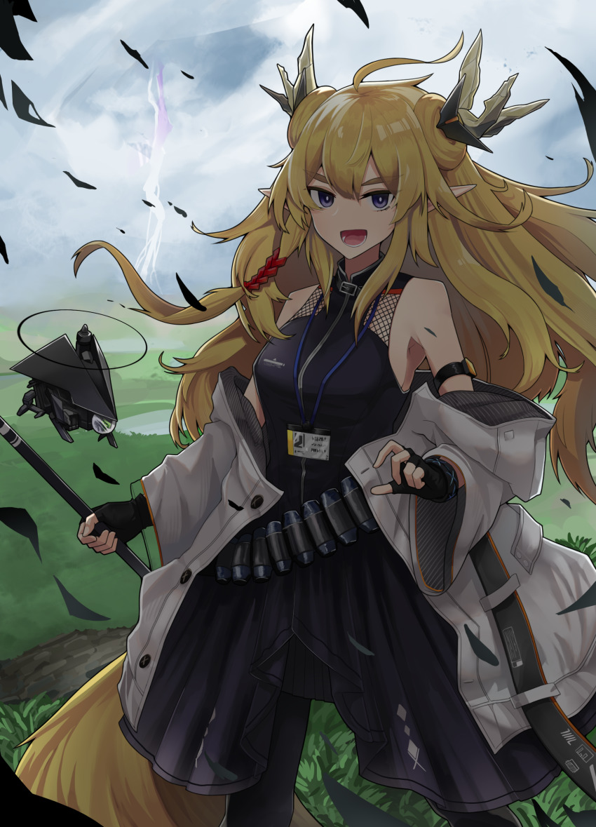 1girl, absurdres, arknights, black_dress, blonde_hair, dress, drone, fingerless_gloves