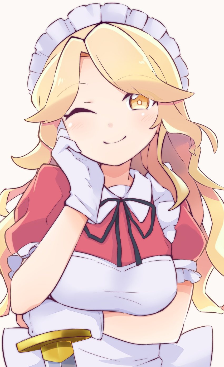 1girl, apron, arm_under_breasts, back_bow, black_ribbon, blonde_hair, bow, breasts