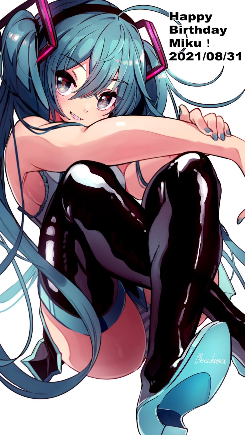 1girl, 2021, arm_support, artist_name, bare_arms, black_boots, black_skirt, blue_eyes, blue_nails, boots, breasts, character_name, clenched_teeth, crossed_legs, dated, eyes_visible_through_hair, fingernails, floating_hair, foot_out_of_frame, full_body, grey_shirt, grin, hair_between_eyes, hamudetsu, hand_on_own_wrist, happy_birthday, hatsune_miku, head_tilt, highres, knees_up, light_blush, long_hair, looking_at_viewer, medium_breasts, microskirt, multicolored_boots, nail_polish, no_bra, panties, pleated_skirt, shiny_footwear, shiny_skin, shirt, shoe_soles, sideboob, simple_background, skirt, sleeveless, sleeveless_shirt, smile, solo, striped_clothes, striped_panties, teeth, thick_thighs, thigh_boots, thighhighs, thighs, tsurime, twintails, two-tone_boots, underwear, very_long_hair, vocaloid, white_background