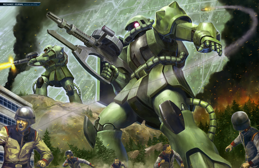 absurdres, colony_interior, fire, firing, gun, gundam, helmet, highres