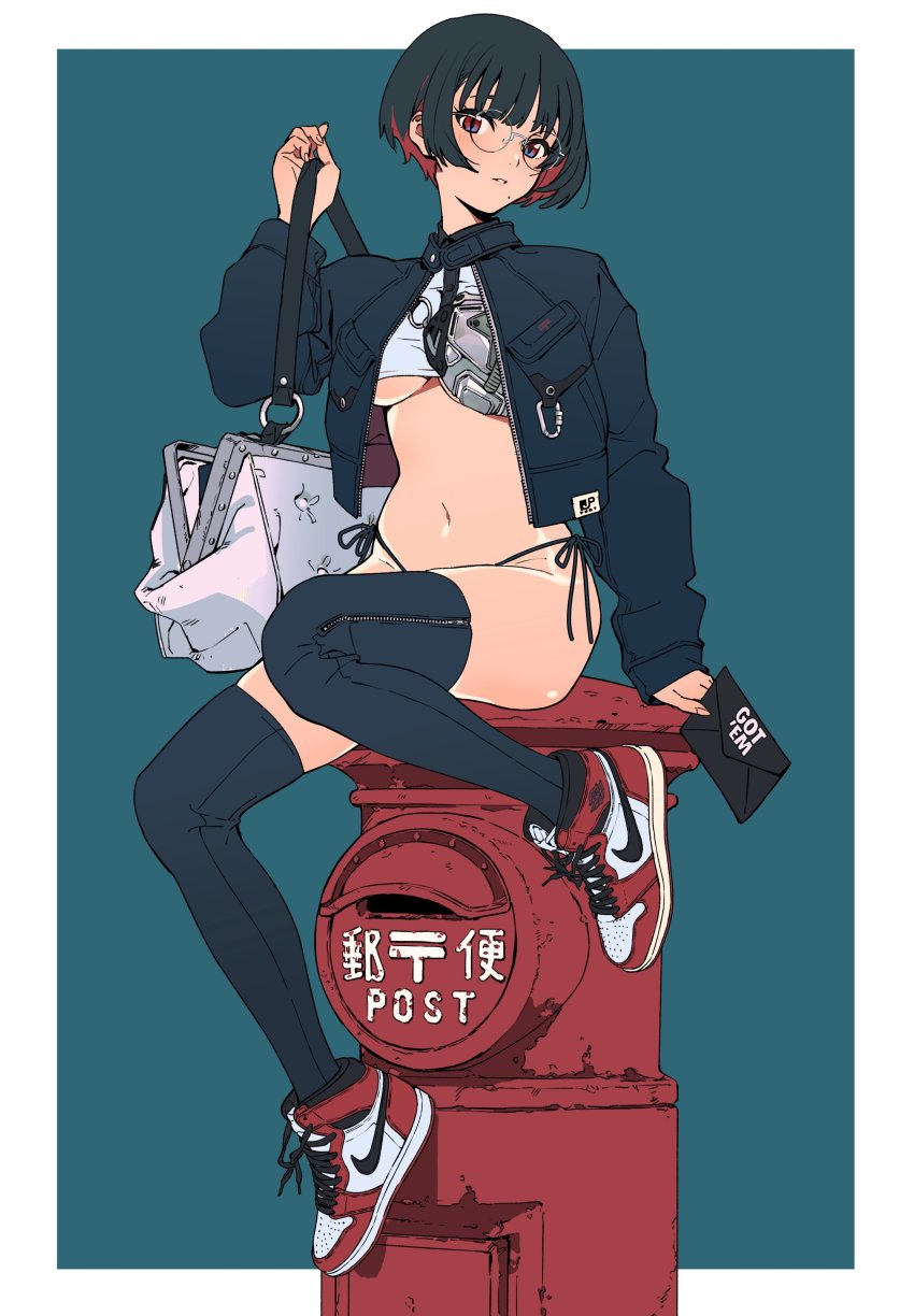 1girl, absurdres, bag, black_hair, blue_background, blue_jacket, blue_thighhighs, blush