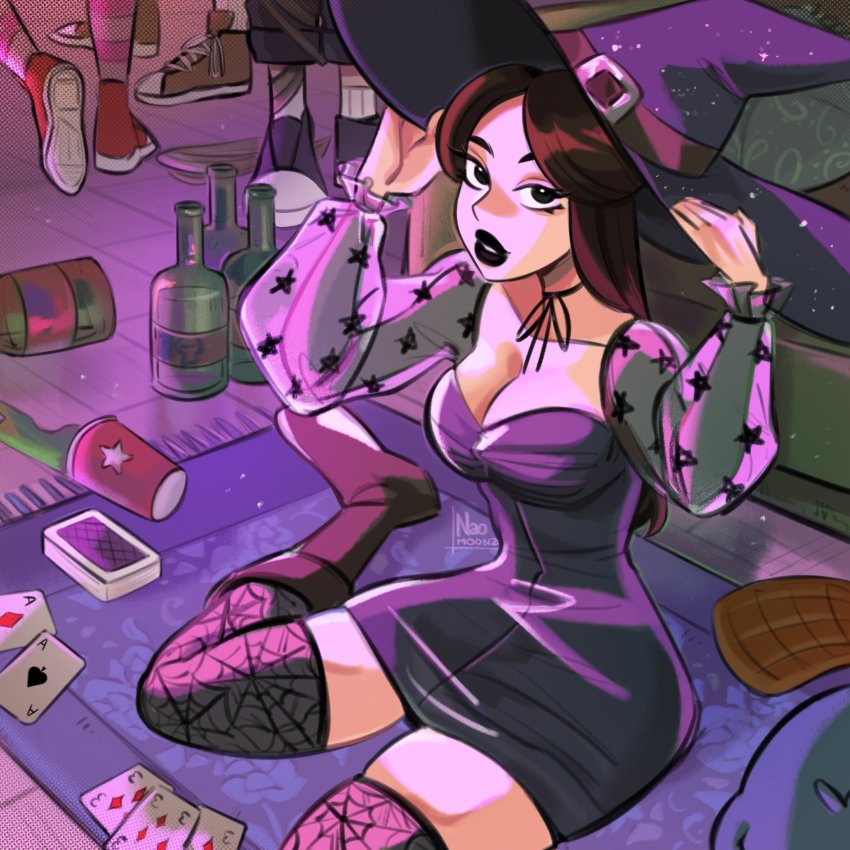 1girl, ace_(playing_card), ace_of_diamonds, ace_of_spades, adjusting_clothes, adjusting_headwear, black_boots, black_dress, black_eyes, black_hair, black_hat, black_lips, black_thighhighs, boots, bottle, breasts, card, cleavage, couch, cup, diamond_(shape), disposable_cup, dress, hands_on_headwear, hat, hat_belt, highres, long_hair, long_sleeves, looking_at_viewer, medium_breasts, naomoonz, neck_ribbon, on_floor, parted_bangs, parted_lips, phineas_and_ferb, playing_card, print_thighhighs, purple_dress, ribbon, rug, running_bond, see-through_clothes, see-through_sleeves, short_dress, sitting, skindentation, solo, spade_(shape), spider_web_print, star_(symbol), star_print, thighhighs, thighhighs_under_boots, vanessa_doofenshmirtz, wariza, witch_hat, zettai_ryouiki