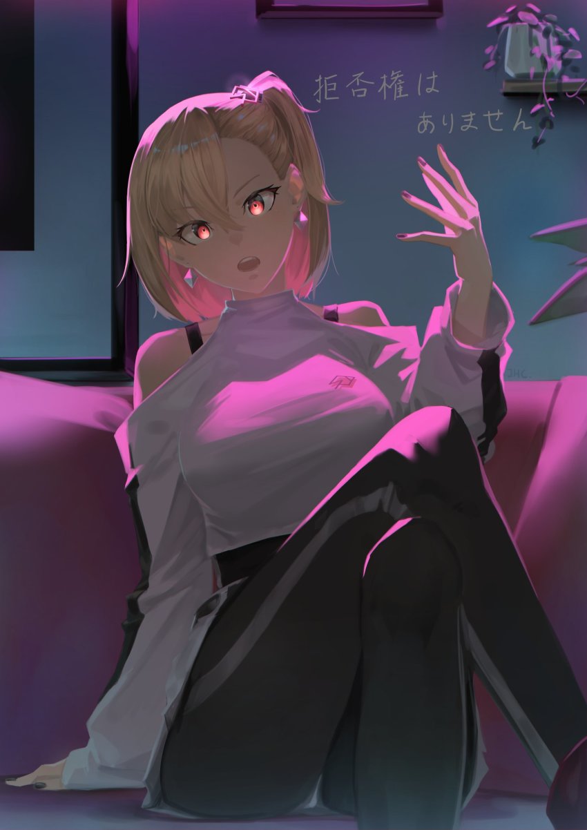 1girl, ashizawa_saki, black_pants, breasts, brown_eyes, clothing_cutout, collarbone, crossed_legs, earrings, glowing, glowing_eyes, hair_behind_ear, hair_between_eyes, head_tilt, highres, jewelry, jhc_kai, looking_at_viewer, medium_breasts, nail_polish, open_hand, pants, purple_eyes, riot_music, shoulder_cutout, side_ponytail, smile, solo, sweater, sweatpants, virtual_youtuber, white_sweater
