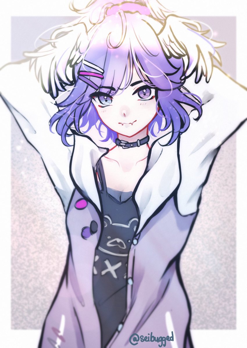 1girl, black_collar, black_tank_top, blue_eyes, breasts, cleavage, collar, collarbone, commentary, english_commentary, fang, fangs, fangs_out, head_tilt, head_wings, heterochromia, highres, hood, hooded_jacket, jacket, letterman_jacket, looking_at_viewer, nijisanji, nijisanji_en, ponytail, purple_eyes, purple_jacket, sei_(seibugged), selen_tatsuki, skin_fang, smile, solo, tank_top, twitter_username, virtual_youtuber, wings