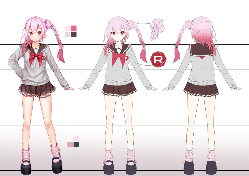 1girl, badge, bare_legs, black_footwear, bow, bowtie, braid, brown_collar