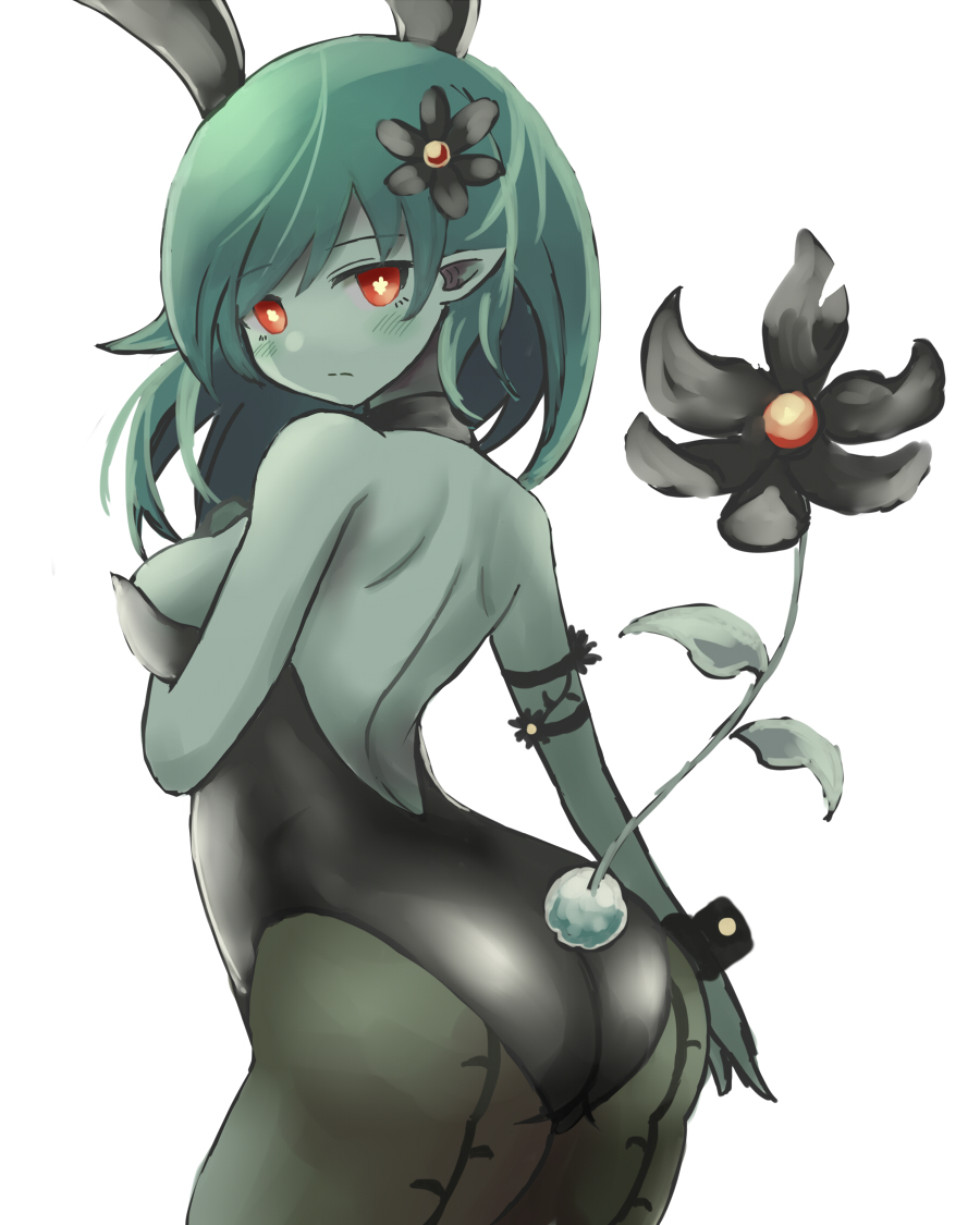 1girl, animal_ears, aoiyamagi4, ass, backless_outfit, black_flower, black_pantyhose, blush, colored_skin, commentary, fake_animal_ears, flower, frown, green_skin, hair_flower, hair_ornament, long_hair, looking_at_viewer, monster_girl, original, pantyhose, plant_girl, playboy_bunny, pointy_ears, rabbit_ears, rabbit_tail, red_eyes, solo, tail, white_background