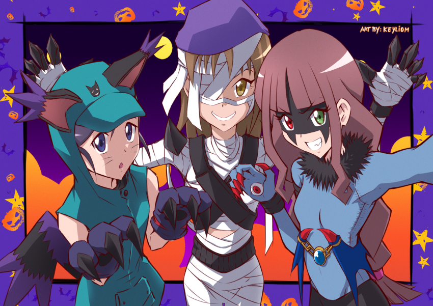 3girls, blacktailmon_uver., blacktailmon_uver._(cosplay), cat, claws, cosplay, digimon, digimon_ghost_game, dracomon, dracomon_(cosplay), halloween, halloween_costume, heterochromia, kashiwagi_mika, looking_at_viewer, multiple_girls, mummy, mummymon, mummymon_(cosplay), smile, tail, tsukiyono_ruli, udagawa_aoi, wings