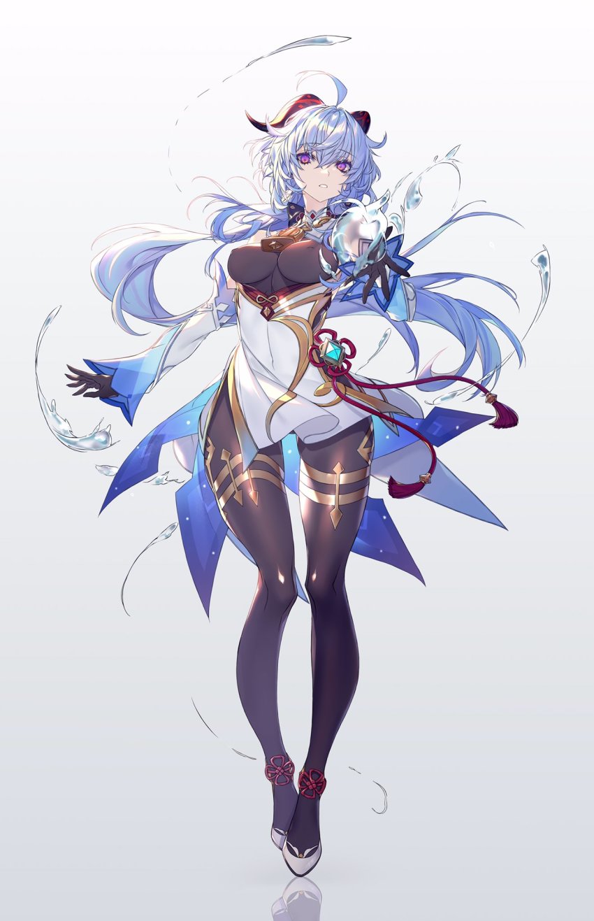 1girl, ahoge, bare_shoulders, bell, black_gloves, blue_hair, breasts, detached_sleeves