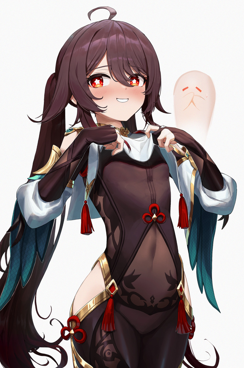 1girl, absurdres, blunt_bangs, blush, clothing_cutout, commentary, cosplay, covered_navel, covering_own_mouth, cowboy_shot, flower-shaped_pupils, genshin_impact, grin, groin, hair_between_eyes, highres, hip_vent, hu_tao_(genshin_impact), looking_at_viewer, pellas_(panix2383), shenhe_(genshin_impact), shenhe_(genshin_impact)_(cosplay), sidelocks, simple_background, smile, standing, symbol-shaped_pupils, teeth, white_background