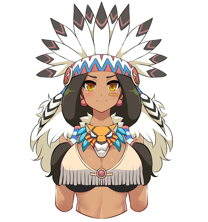 1girl, breasts, dark_skin, headdress, highres, kometoze, large_breasts, matsuri_(senran_kagura), native_american, native_american_clothes, native_american_headdress, senran_kagura, senran_kagura_new_wave, upper_body